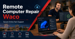 Remote computer repair Waco featured image showing secure online tech support, screen sharing, remote diagnostics, and computer troubleshooting.